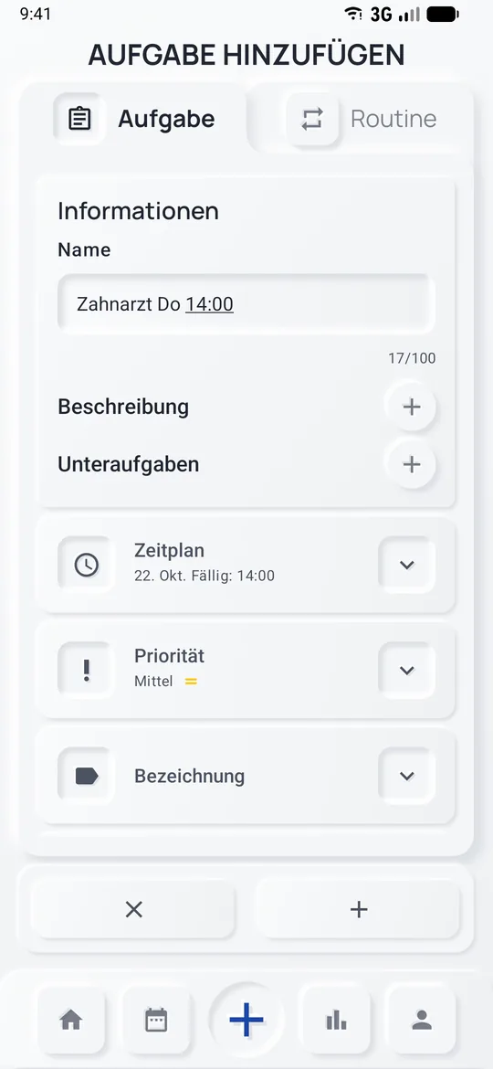 Formular: der Titel „Zahnarzt Do 14:00“ mit erkanntem Datum und Uhrzeit im Zeitplan