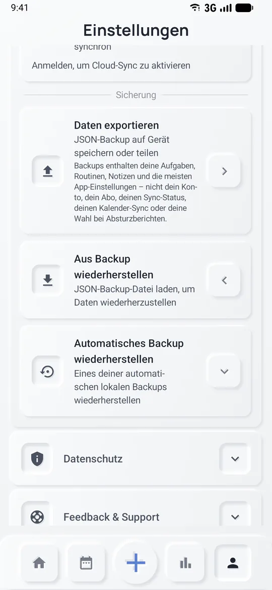 Einstellungen, Daten & Synchronisation: Backup exportieren, aus Backup wiederherstellen, automatisches Backup