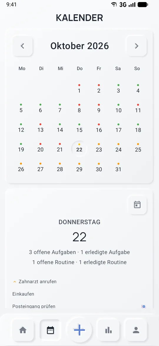 Monatsansicht mit Punkten an belegten Tagen und den Einträgen des gewählten Tages darunter