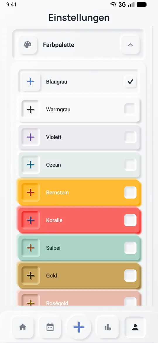 Theme-Einstellungen mit geöffneter Farbpaletten-Liste