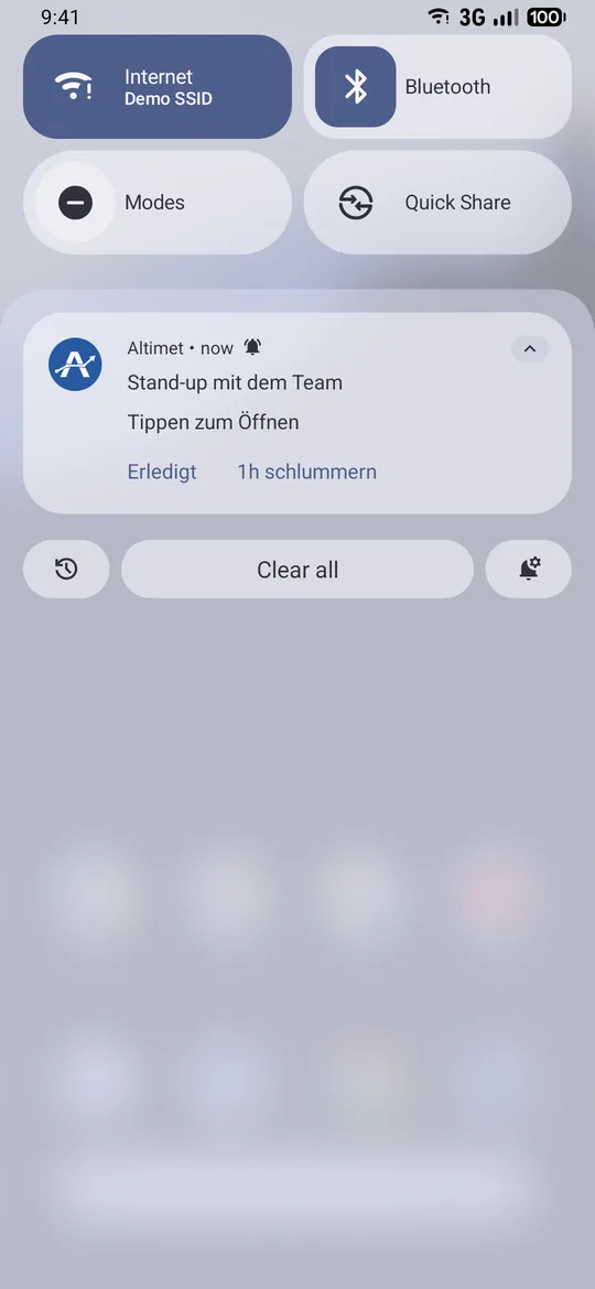 Benachrichtigungsleiste mit einer Altimet-Erinnerung und den Aktionen Erledigt und 1 h später