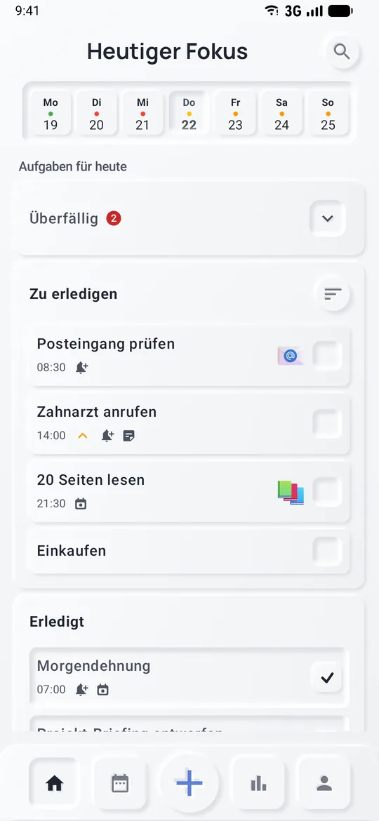 Heute-Liste mit Aufgaben und Routinen, eine Routine bereits erledigt, darüber die Wochenleiste