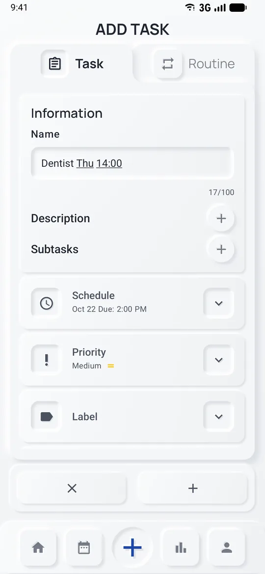Add form: the title 'Dentist Thu 14:00' with the recognised date and time shown in the schedule