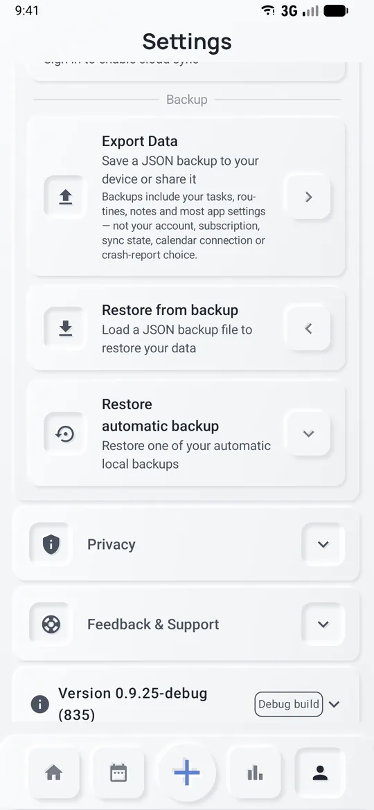 Settings, Data & Sync: export a backup, restore from backup, restore an automatic backup