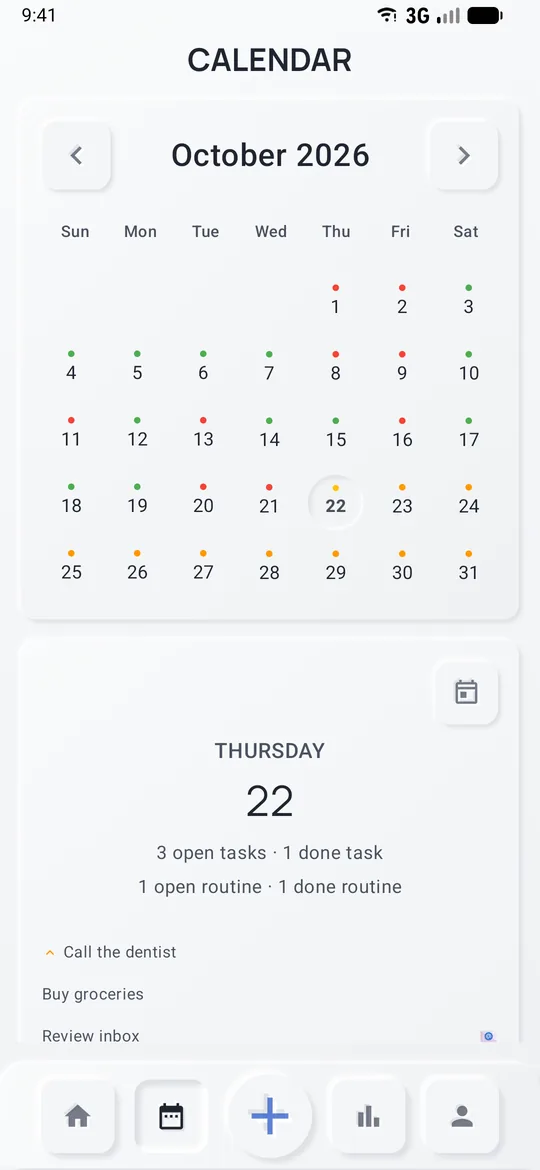 Month view with dots on busy days and the selected day's items below