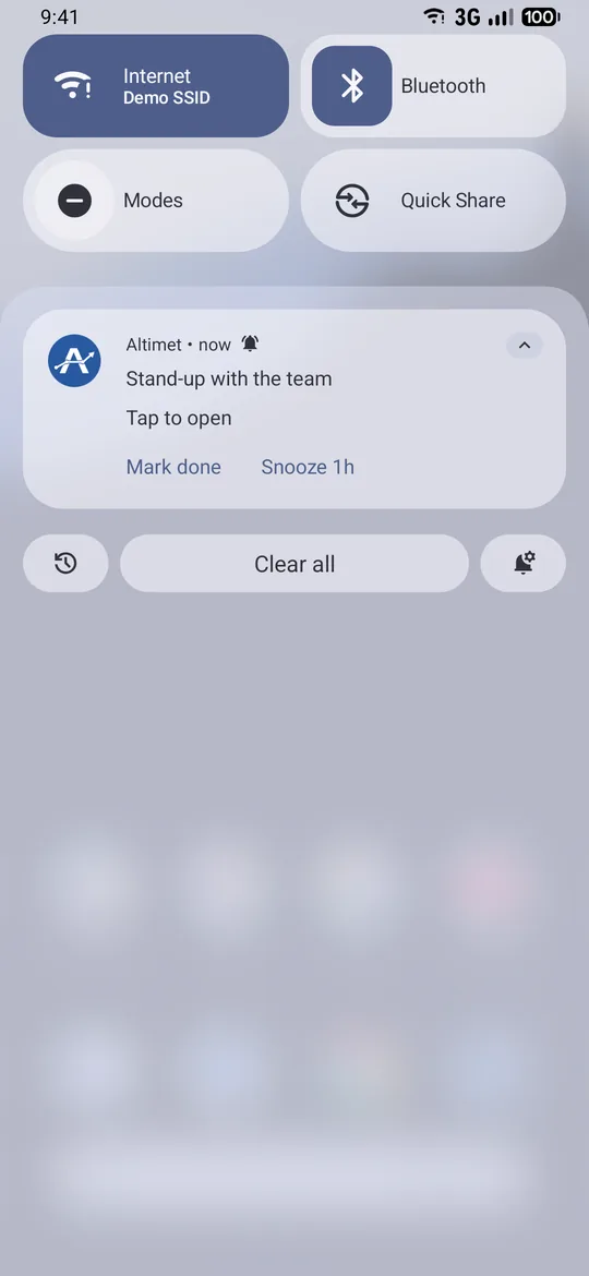 Notification shade with an Altimet reminder offering Mark done and Snooze 1h