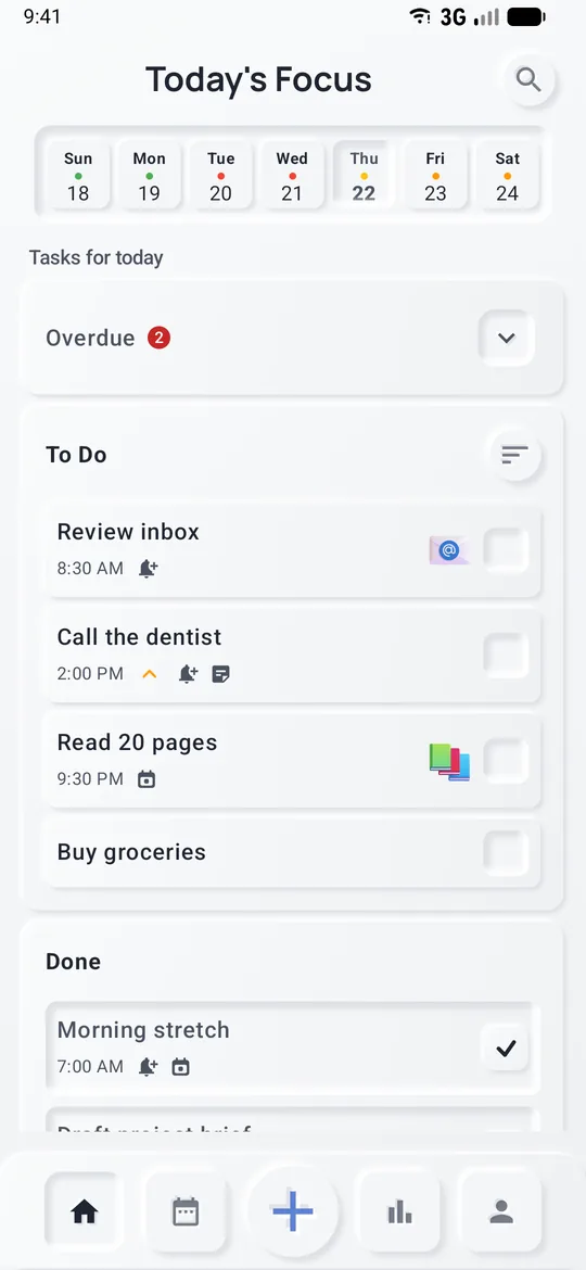 Today list with tasks and routines, one routine already done, the week strip above